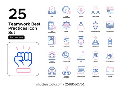 Business Team and Workplace Synergy. Effective Cooperation, Strategy, and Goals. Vector Illustration. Oultine duo tone icon set