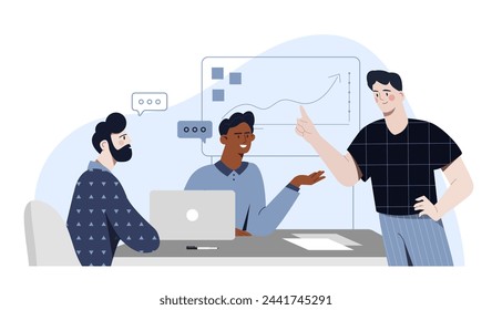 Business team works concept. Colleagues and partners work at common project. Brainstorming and insights, discussion. Team of analysts with graphs and diagrams. Cartoon flat vector illustration