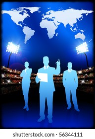 Business Team with World Map on Stadium Background Original Illustration