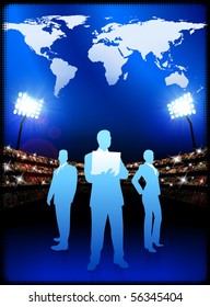 Business Team with World Map on Stadium Background Original Illustration