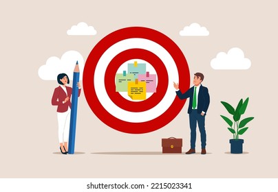 Business Team write down goal on notes and put on big dartboard target. Goal setting, purposeful objective, mission to accomplish to win for business success. Flat vector illustration. 