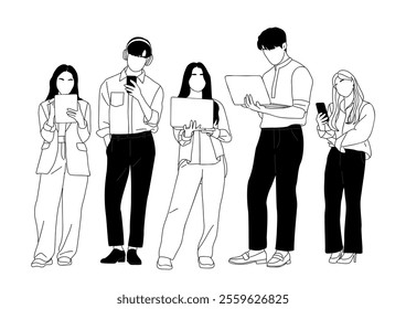 Business team, young men, women in casual clothes with laptop, tablet, smart phones standing together. Vector hand drawn outline illustration isolated on white background.