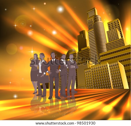 Business team of young professionals in front of modern city.