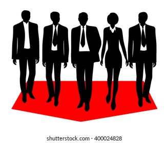 Business team.Black outlines on white.Red arrow.