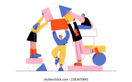 Business teambuilding, partnership and cooperation concept with happy people with abstract geometric shapes. Teamwork process, brainstorm and creative communication, vector illustration