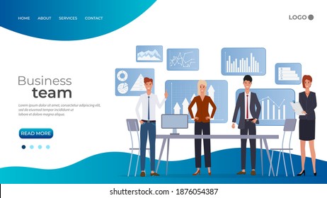 Business team.Businessmen and business women in business suits arrange a meeting against the background of an infographic.Task planning search for solutions new ideas and brainstorming.