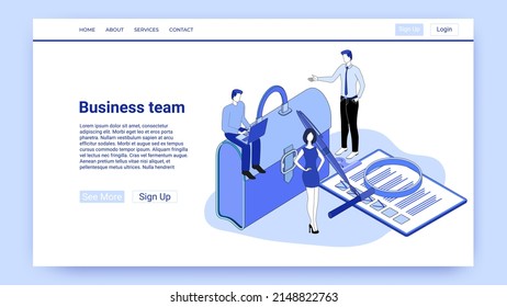 Business team.People on the background of a large portfolio and contracts are engaged in business operations.An illustration in the style of the landing page is blue.