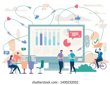 Business Teams Communication in Internet, Company Strategy Planning, Financial Indicators Analyzing Flat Vector Concept with Business People Messaging Online, Working Together in Office Illustration