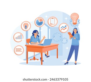 Business teams develop business strategies. Looking for ideas to improve marketing. Business Intelligence concept. Flat vector illustration.