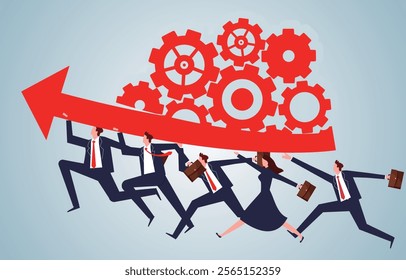 business teams hold arrows and gears together to move forward