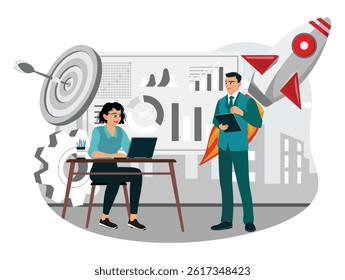 Business teams launch digital marketing strategies. Managers and employees discuss brand promotion and brainstorm. Flat vector illustration.