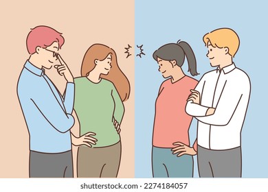 Business teams look at each other comparing. Colleagues or employees as competitors or rivals. Competition at workplace. Vector illustration. 