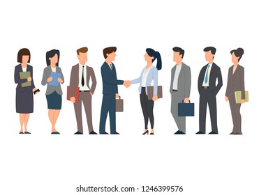 Business Teams Making Agreement. Group of People Dressed in Strict Suit, Holding Folders and Briefcases. Central Office Workers Shaking Hands. Cartoon Vector Illustration Isolated on White Background