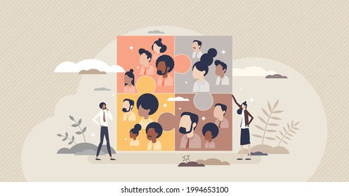 Business teams and partnership connection for common goal tiny person concept. Teamwork power and corporate group unity as jigsaw puzzle pieces vector illustration. Employee and personnel network.