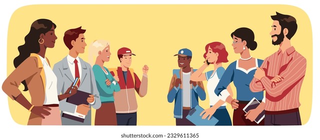 Business teams people opponents rivalry. Smiling confident rivals men, women persons groups confrontation. Companies challenge competition, corporate teamwork concept flat vector illustration
