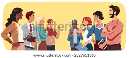 Business teams people opponents rivalry. Smiling confident rivals men, women persons groups confrontation. Companies challenge competition, corporate teamwork concept flat vector illustration Foto d'archivio © 