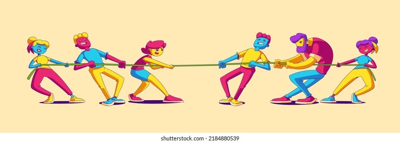 Business teams tug of war battle, opposite groups pull rope during competition or rivalry. Contemporary characters fighting for leadership, arguing, wrestling, Line art cartoon vector illustration