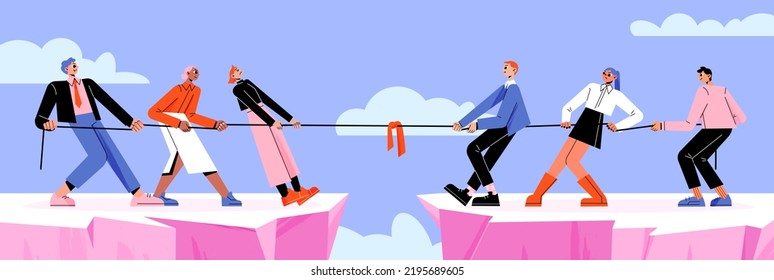 Business teams tug of war battle over mountain gap. Opposite groups pull rope during competition or rivalry. Characters fighting for leadership, arguing, wrestling, Line art flat vector illustration