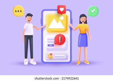 Business teamwork 3d concept. Cartoon characters. Application development and social media concept on pastel purple background. Vector 3d Illustration