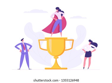 Business Teamwork Achievement Success Cooperation Concept with Proud Business people Characters with Gold Cup Prize. Banner for Website, Web Page, Poster or Wallpaper. Flat Vector Illustration