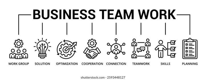 Business teamwork banner icon with work group, solution, optimization, cooperation, connection, teamwork, skills, planning