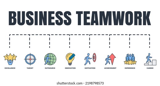 Business teamwork banner web icon set. motivation, excellence, outsource, innovation, experience, target, achievement, career vector illustration concept.