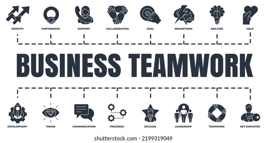 Business teamwork banner web icon set. brainstorm, abilities, progress, communication, partnership, teamwork and more vector illustration concept.