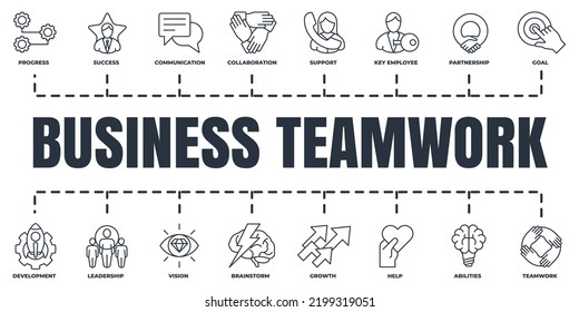 Business Teamwork Banner Web Icon Set. Team, Planning, Connection, Innovation, Experience, Target And More Vector Illustration Concept.