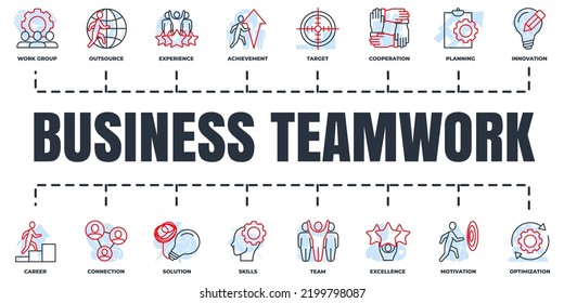 Business Teamwork Banner Web Icon Set. Team, Planning, Connection, Innovation, Experience, Target And More Vector Illustration Concept.