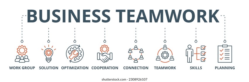 Business teamwork banner web icon vector illustration concept with icon of work group, solution, optimization, cooperation, connection, teamwork, skills, planning