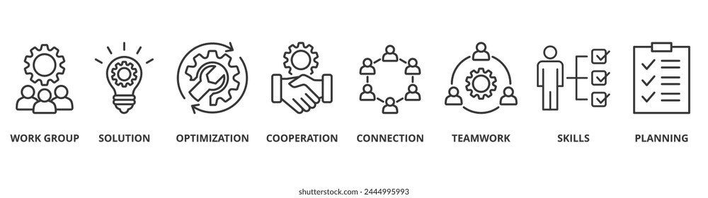 Business teamwork banner web icon vector illustration concept with icon of work group, solution, optimization, cooperation, connection, teamwork, skills, planning