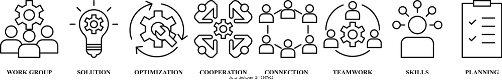 Business Teamwork Banner Web Icon Vektorillustration Konzept mit Icon der Arbeitsgruppe, Lösung, Optimierung, Zusammenarbeit, Verbindung, Teamarbeit, Skills, Planung