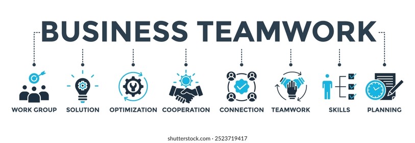 Business teamwork banner web icon vector illustration concept with icon of work group, solution, optimization, cooperation, connection, teamwork, skills, planning
