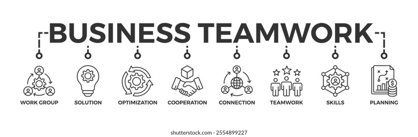 Business teamwork banner web icon vector illustration concept with icon of work group, solution, optimization, cooperation, connection, teamwork, skills, planning	