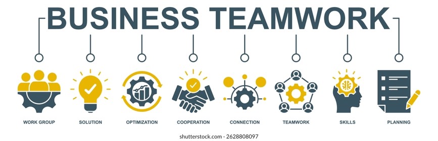 Concepto de Ilustración vectorial del icono del Web del Anuncio del trabajo en equipo del negocio con el icono del grupo de trabajo, solución, optimización, cooperación, conexión, trabajo en equipo, habilidades, planificación