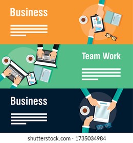 business and teamwork banners with gadgets vector illustration design