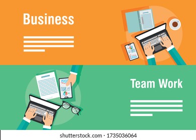 business and teamwork banners with gadgets vector illustration design