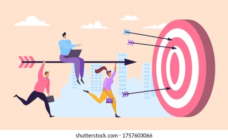 Business teamwork boss control running character staff hold arrow cartoon vector illustration. Goal achievement finance concept company collaboration purpose target, city urban background.