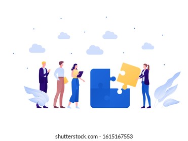 Business teamwork brainstorm concept. Vector flat person illustration. Group of employee people with female holding jigsaw puzzle piece isolated on white. Design element for banner, background.