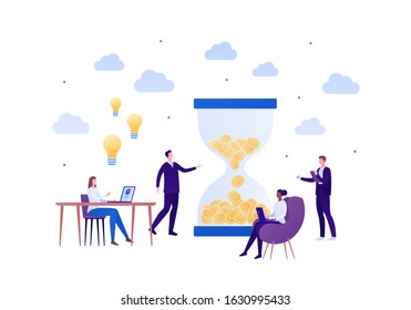 Business teamwork brainstorm concept. Vector flat person illustration. Group of working people with laptop, light bulb idea sign and hourglass of coin. Design element for banner poster, background.