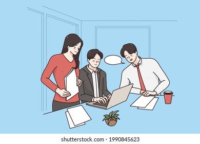 Business teamwork, brainstorm, discussion concept. Group of business partners workers colleagues discussing business development strategy in office on laptop speaking vector illustration 