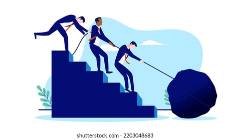 Business Teamwork - Businesspeople working hard to solve impossible problem dragging rock up stairs. Work obstacle and challenge concept. Flat design vector illustration with white background