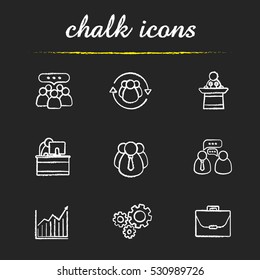 Business and teamwork chalk icons set. Team communication, speaker podium, office manager, company workers, sales funnel, growth chart, cogwheels, briefcase. Isolated vector chalkboard illustrations