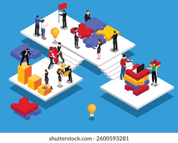 Business Teamwork and Collaboration Concept with Puzzle Pieces and Charts 3d flat vector illustrations