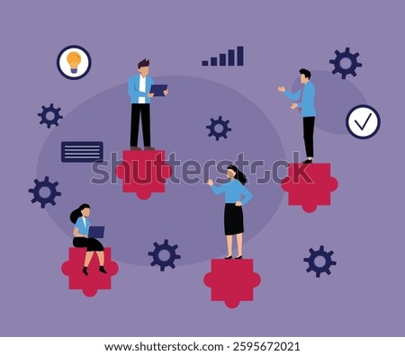 Business Teamwork and Collaboration Concept with Puzzle Pieces and Gears 2d flat vector illustrations