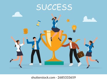 Business Teamwork Collaboration Concept with Trophy and Success Achievement Illustration