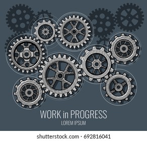 Business teamwork and communication vector concept with hand drawn gears. Abstract technology vector background with sketch cog wheels. Concept teamwork drawing engineering cogwheel illustration