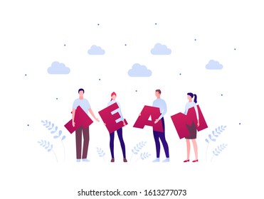 Business teamwork community concept. Vector flat person illustration. Group of male and female worker people holding letters of team text isolated on white. Design element for banner, background.