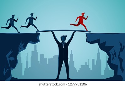 Business teamwork and competition concept. Businessmen working together to push the organization to the goal of success. harmonious. leadership. creative idea. illustration cartoon vector