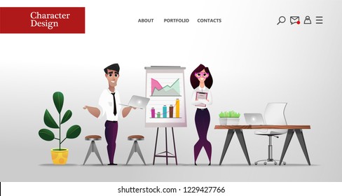 Business teamwork concept banner with graphs . Cartoon man and women making presentation on conference. Main Page Web Design with Business Cartoon Characters in Flat Style	
